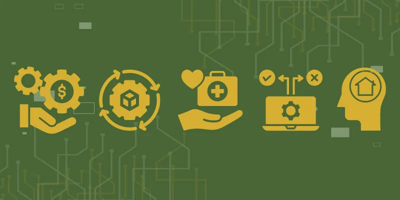 Icons representing various applications of blockchain technology, including finance, supply chain, healthcare, governance, and real estate.