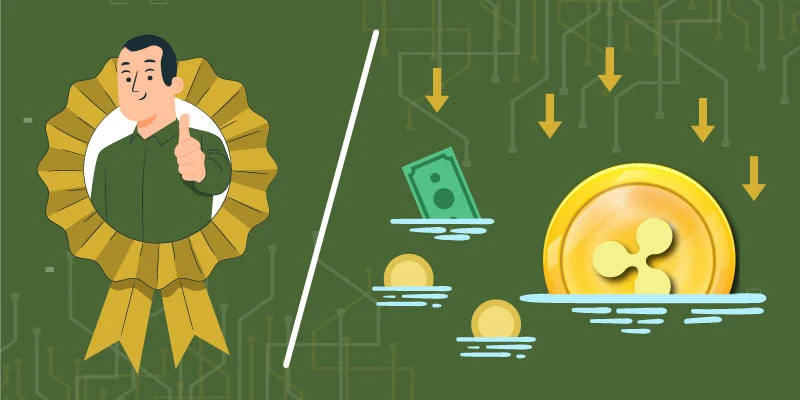 An illustration showing the benefits and risks of altcoins, with a person giving a thumbs-up on one side and a sinking Ripple (XRP) coin with falling currency symbols on the other.