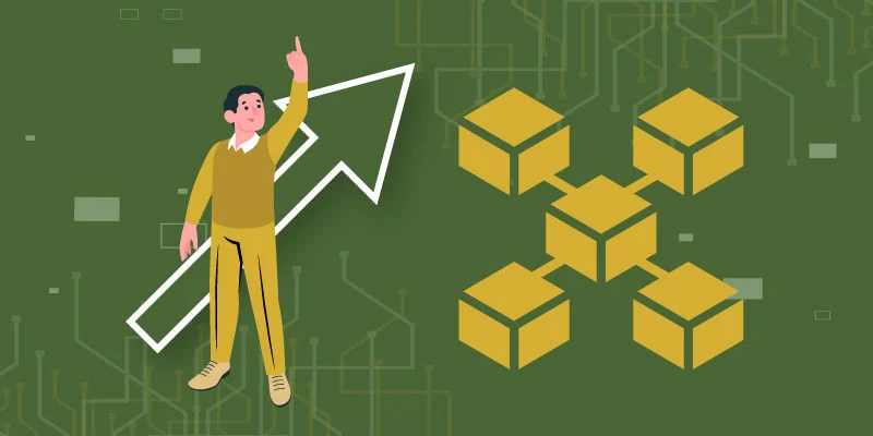 Illustration showing the benefits of blockchain technology, represented by interconnected blocks and an upward arrow, symbolizing growth and efficiency.