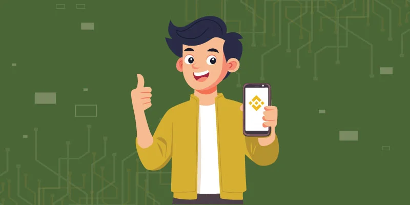 Illustration of a happy user giving a thumbs-up while holding a smartphone displaying the Binance logo, highlighting account benefits.