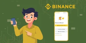 Illustration of a user signing up for Binance using the mobile app, showing registration options for email, Google, and Apple.