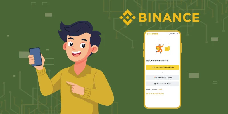 Illustration of a user signing up for Binance using the mobile app, showing registration options for email, Google, and Apple.