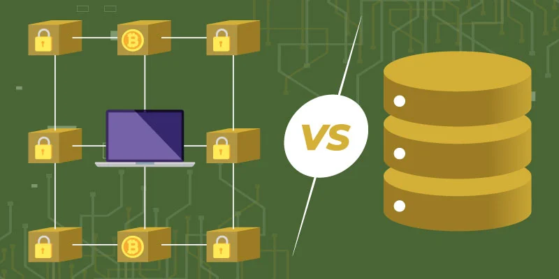 Illustration comparing blockchain's decentralized ledger system with traditional centralized databases, highlighting the security and transparency differences.