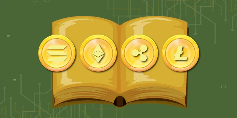 Open book with cryptocurrency coins like Ethereum, Solana, Litecoin, and Ripple, symbolizing the history of altcoin