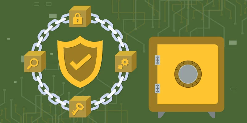 Illustration representing cryptographic security in blockchain, featuring a secure vault, shield, and blockchain encryption elements.