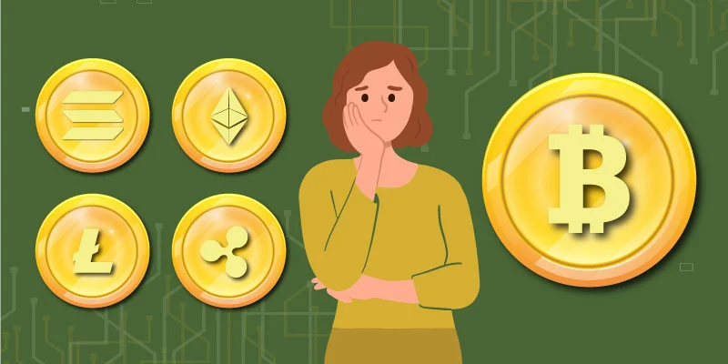 A woman comparing Bitcoin with altcoins like Ethereum, Solana, Litecoin, and Ripple, symbolizing the differences between Bitcoin and alternative cryptocurrencies