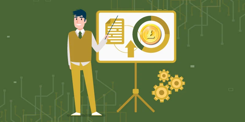 A digital illustration of a businessman explaining the functionality of altcoins with a presentation board displaying Litecoin and financial growth charts.
