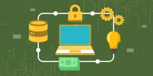 Illustration depicting the working mechanism of blockchain technology, including decentralization, security, and digital transactions.