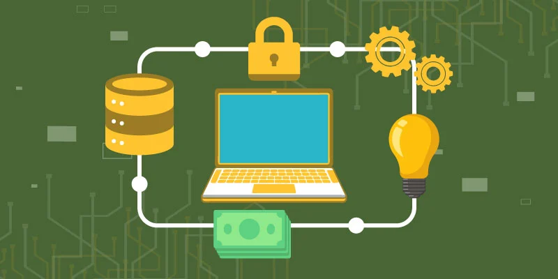 Illustration depicting the working mechanism of blockchain technology, including decentralization, security, and digital transactions.