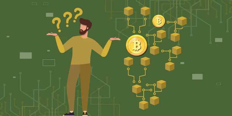 An illustrated concept of blockchain technology, depicting a puzzled man looking at interconnected blocks forming a decentralized Bitcoin network.