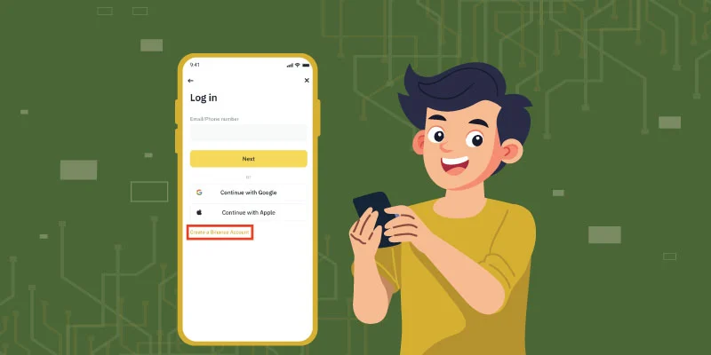 Illustration of a smiling user creating a Binance account using a smartphone, showing registration options.