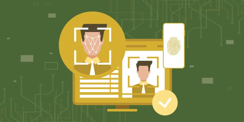 Illustration representing identity verification on Binance, showing facial recognition, fingerprint authentication, and user verification.