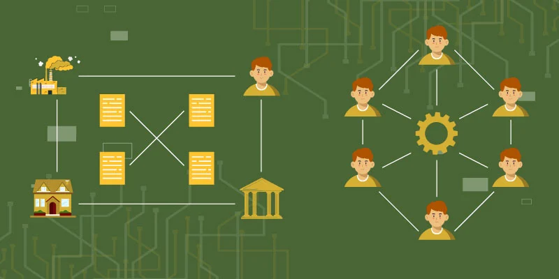 Illustration depicting the key components of blockchain technology, comparing traditional centralized systems with decentralized blockchain networks.