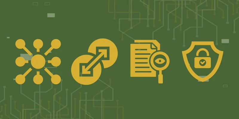 Illustration showcasing key features of blockchain, including decentralization, immutability, transparency, and security.
