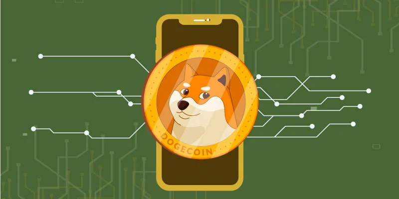 A digital illustration of Dogecoin, featuring the Shiba Inu meme, displayed on a smartphone screen with blockchain connections in the background.
