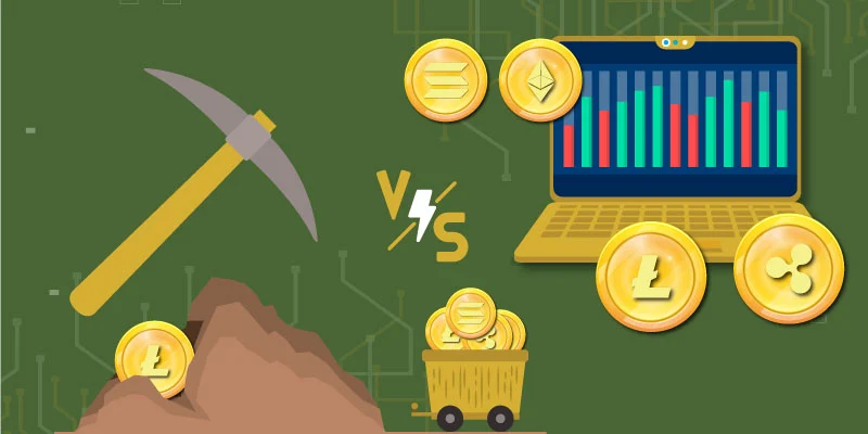 A digital illustration comparing mining and staking in altcoins, featuring a pickaxe and a mining cart on one side and a laptop with financial charts and altcoin symbols on the other.