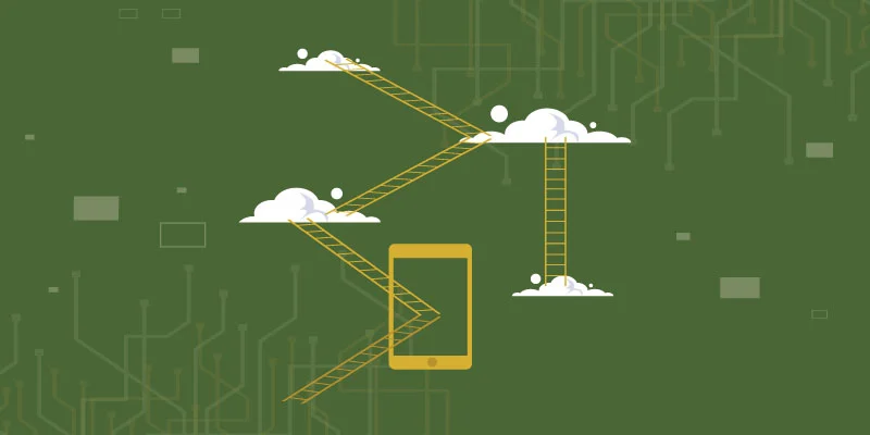 Illustration showing ladders and paths through clouds leading to a smartphone, representing overcoming challenges during Binance sign-up.