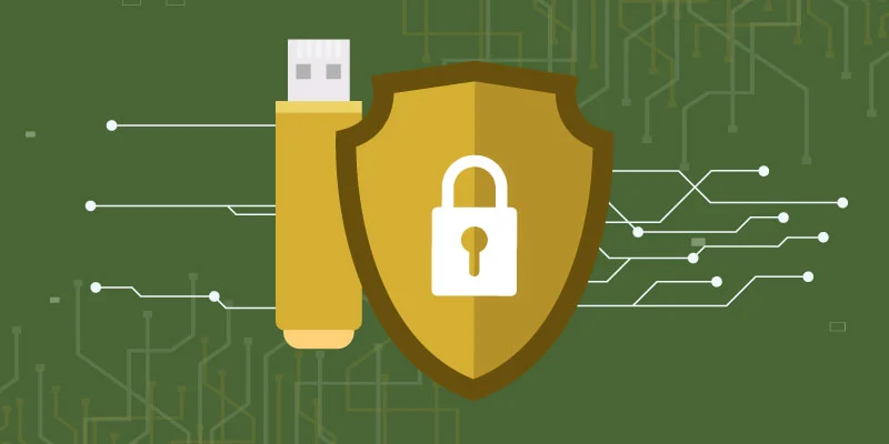 A USB hardware device alongside a security shield icon, representing security tokens in the blockchain ecosystem
