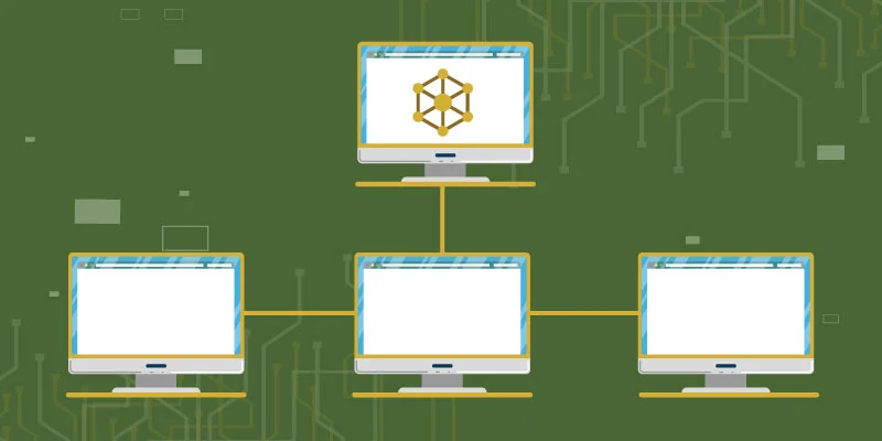 Diagram illustrating the structure of a blockchain network with interconnected nodes representing decentralized computing systems.