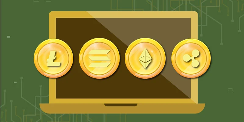 A laptop screen displaying four cryptocurrency coins, representing utility tokens such as Litecoin, Solana, Ethereum, and Ripple