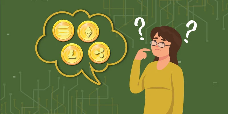 Confused woman thinking about different altcoins like Ethereum, Solana, Litecoin, and Ripple, symbolizing alternative cryptocurrencies