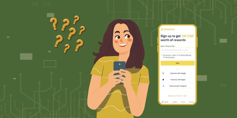 Illustration of a user holding a smartphone, curious about signing up on Binance to claim reward benefits.