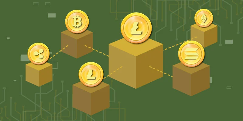 A conceptual illustration of blockchain technology, featuring interconnected blocks with cryptocurrency coins such as Bitcoin, Litecoin, Ethereum, Solana, and Ripple.