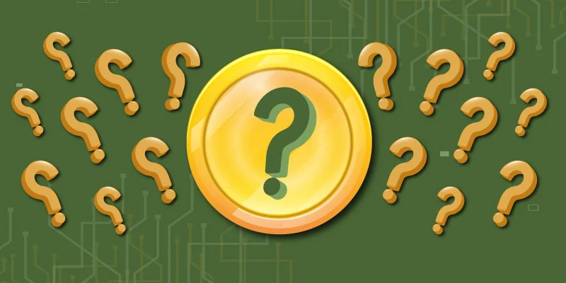 Golden cryptocurrency coin with a question mark, surrounded by multiple question marks, symbolizing the concept of altcoin