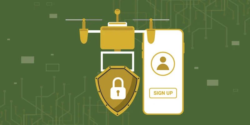 Illustration representing secure Binance sign-up, featuring a drone carrying a security shield with a lock, alongside a smartphone sign-up screen.