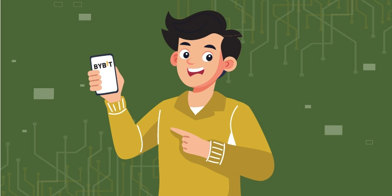 Illustration of a cheerful trader holding a smartphone displaying the Bybit logo, with a confident expression and a technology-inspired background