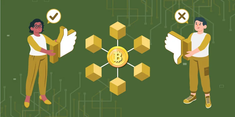 Pros and cons of Centralized Exchange (CEX) with Bitcoin network, showing thumbs up and thumbs down CEX vs DEX