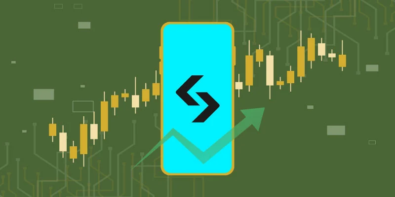 Illustration of a smartphone showing Bitget’s trading interface, surrounded by upward trending candlestick charts representing trading advantages.