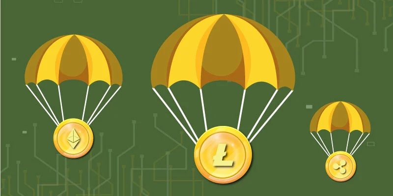 Cryptocurrency for beginners. Coins with parachutes, symbolizing airdrops and free crypto rewards
