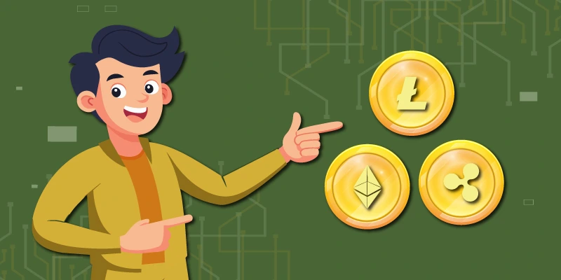 Illustration of a man enthusiastically pointing at three gold coins featuring the logos of Litecoin, Ethereum, and Ripple, symbolizing different altcoins. altcoin buy