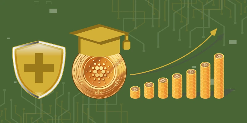 Illustration of a Cardano coin with a graduation cap, a security shield, and a rising stack of coins, representing secure and educated investments in cryptocurrency. altcoin buy