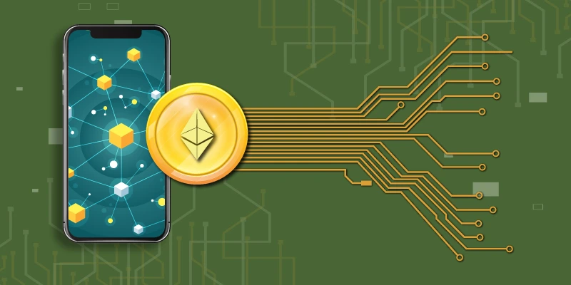 Illustration of a smartphone with a blockchain network on the screen, connected to an Ethereum coin through digital circuit lines, symbolizing crypto transactions. altcoin buy