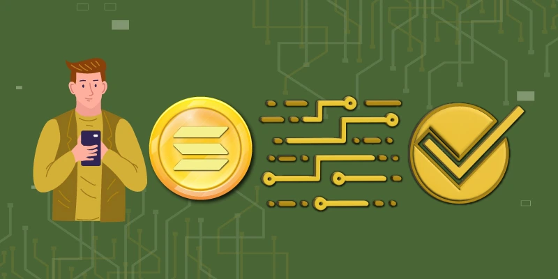 Illustration of a man holding a smartphone next to a Solana coin, digital circuit lines, and a checkmark, symbolizing secure and verified cryptocurrency transactions altoin buy