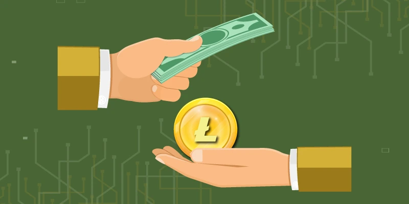 Illustration of one hand giving cash and another hand receiving a Litecoin coin, representing the exchange of fiat money for cryptocurrency. altcoin buy