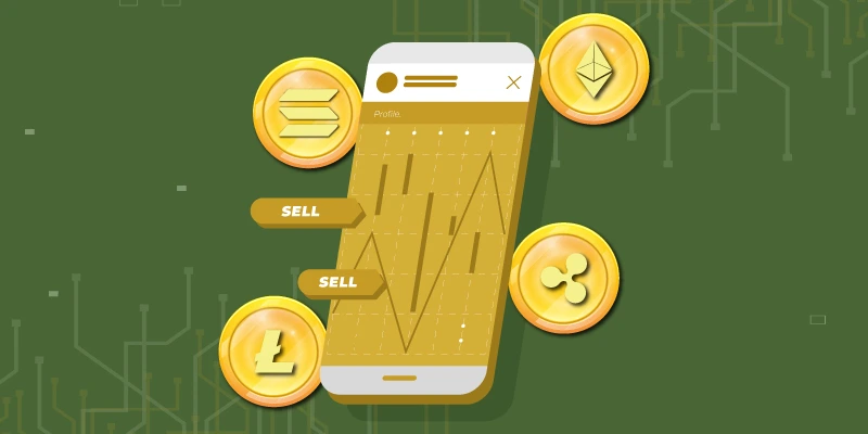 Illustration of a smartphone displaying a trading interface with a fluctuating price chart and sell options for multiple cryptocurrencies, including Solana, Ethereum, Ripple, and Litecoin.altcoin buy