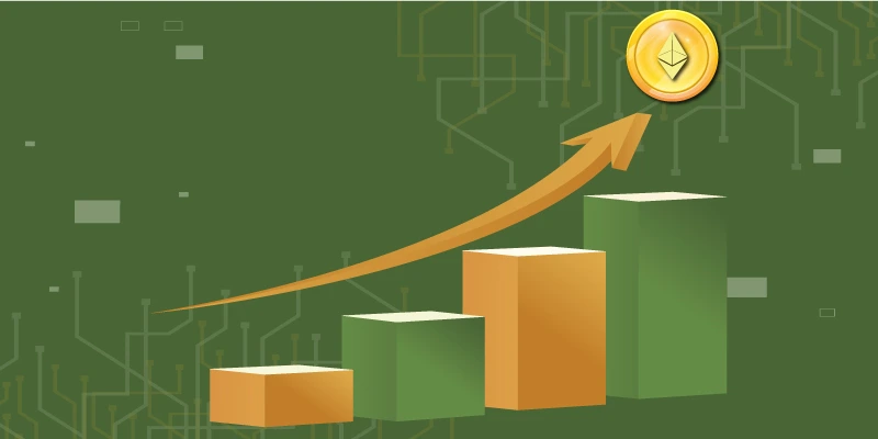 Illustration of a rising bar chart with an Ethereum coin at the top, symbolizing the increasing value of cryptocurrency investments. altcoin buy