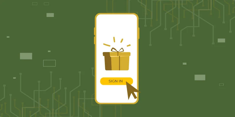 Illustration of a smartphone screen showing a gift box, emphasizing rewards and benefits available when signing up on Bitget