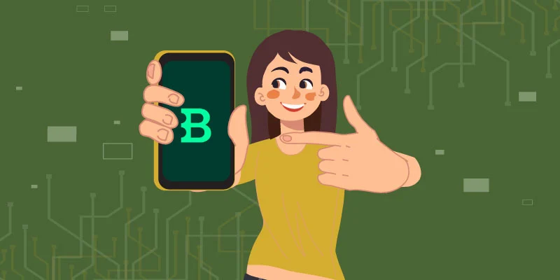 Illustration of a happy user holding and pointing to a smartphone displaying the Bitstamp logo, symbolizing the advantages of using the platform.