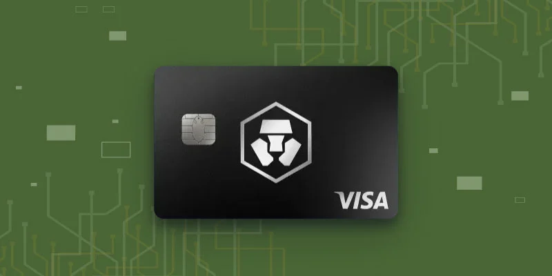 Illustration of a sleek black Crypto.com Visa card, representing its benefits for crypto payments and rewards.