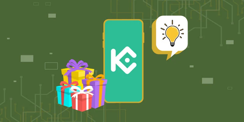 Illustration of a smartphone displaying the KuCoin logo, multiple gift boxes, and a speech bubble with a lightbulb, symbolizing insights into the bonus benefits.