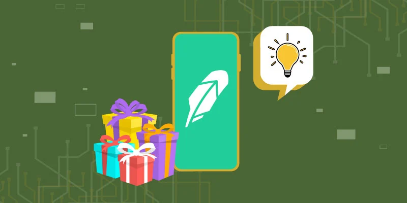 A mobile screen displaying the Robinhood logo, surrounded by gift boxes and a lightbulb icon, symbolizing insights and benefits of the Robinhood sign-up bonus.
