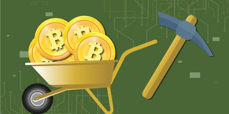 Wheelbarrow filled with What is Bitcoin coins and a pickaxe, symbolizing the cryptocurrency mining process