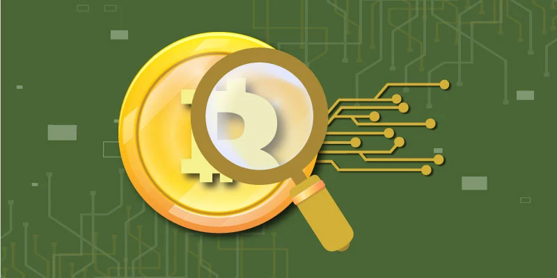 What is Bitcoin coin with a magnifying glass and digital circuit, symbolizing cryptocurrency mining