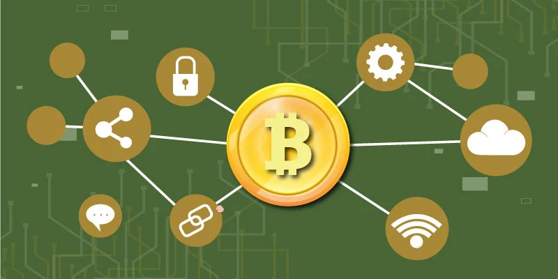 What is Bitcoin coin connected to multiple digital icons representing the decentralized blockchain network