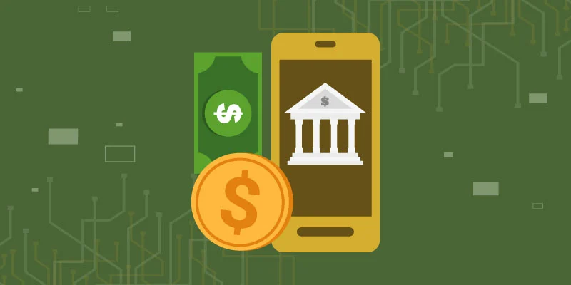 Illustration of a smartphone displaying a bank icon, alongside cash and a coin, symbolizing linking a bank account to Bitstamp.