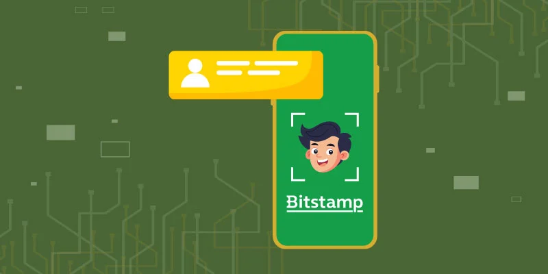 Illustration of a smartphone displaying the Bitstamp verification process, including facial recognition and user identity confirmation.
